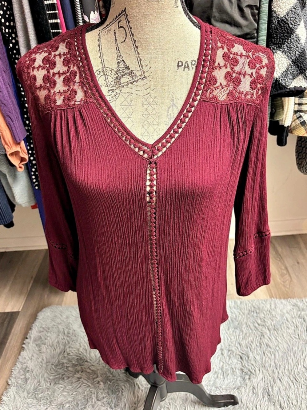 Floral Lace Yoke Blouse in Burgundy